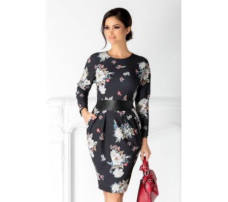 Rochie Didina bleumarin cu imprimeu floral si buzunare