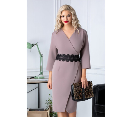 Rochie Girona office lila cu broderie in talie