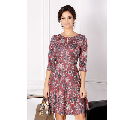 Rochie Giulia bordo cu imprimeu floral gri