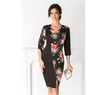 Rochie Ivone neagra cu imprimeu floral colorat