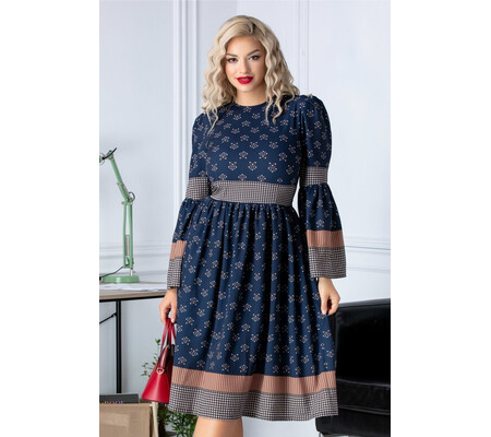 Rochie Kaira bleumarin cu pliuri si maneci clopot