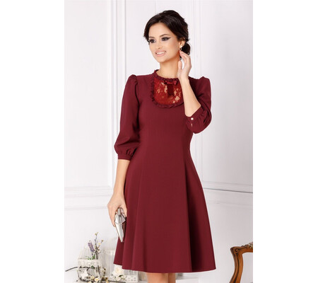 Rochie LaDonna burgundy cu dantela si fundita la bust