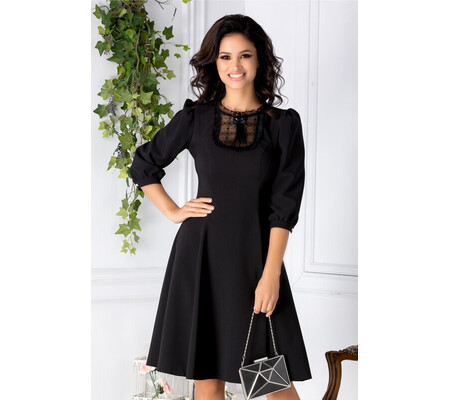 Rochie LaDonna neagra cu dantela si brosa la bust