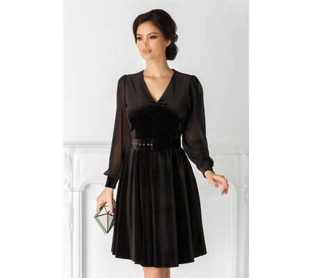 Rochie Lucy neagra din catifea cu maneci din voal