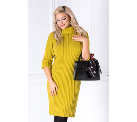 Rochie Malina verde lemon din tricot cu guler inalt