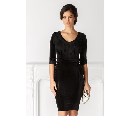 Rochie Mayte neagra din catifea cu franjuri