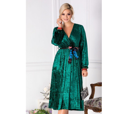 Rochie Moly verde din catifea cu cordon in talie