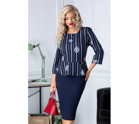 Rochie Rania bleumarin cu peplum si curea roz in talie