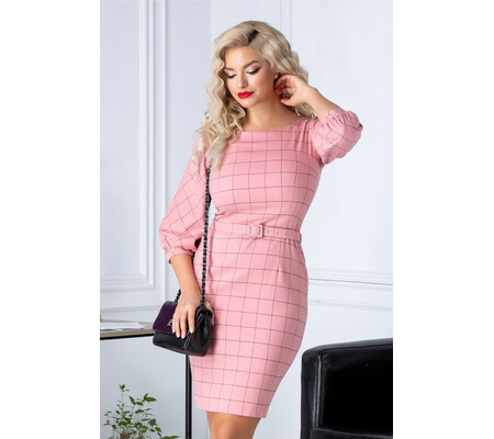 Rochie Roxy office roz cu carouri si curea in talie