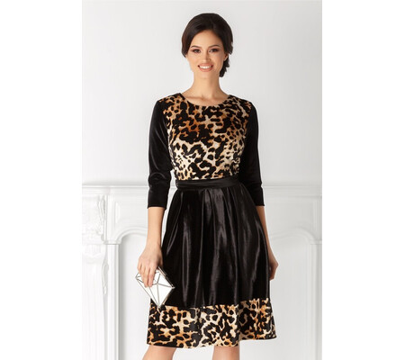 Rochie Suzanne neagra din catifea cu animal print